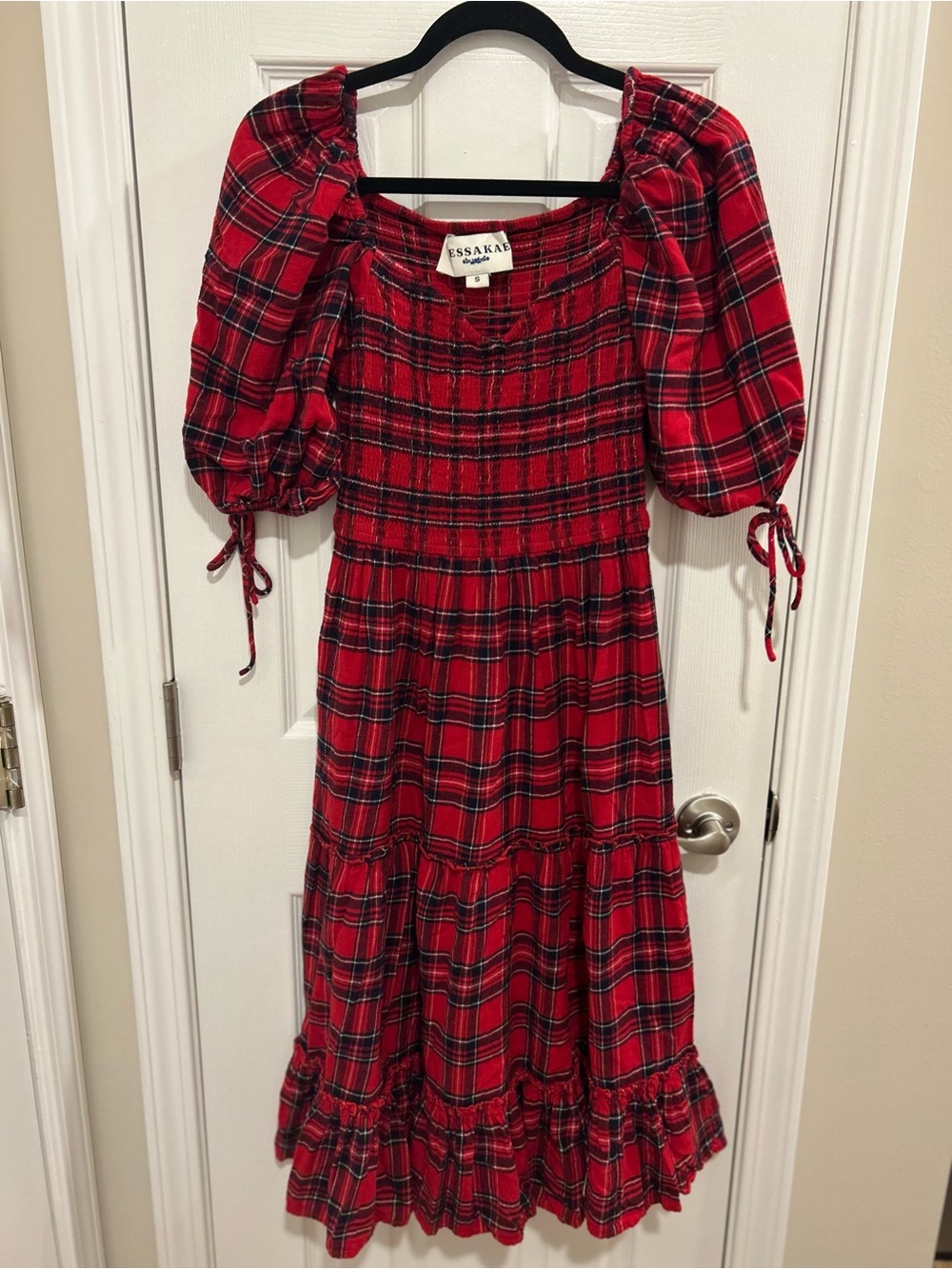 JessaKae red plaid smocked puff-sleeve tiered Dress Holiday 100% Cotton Sz Small